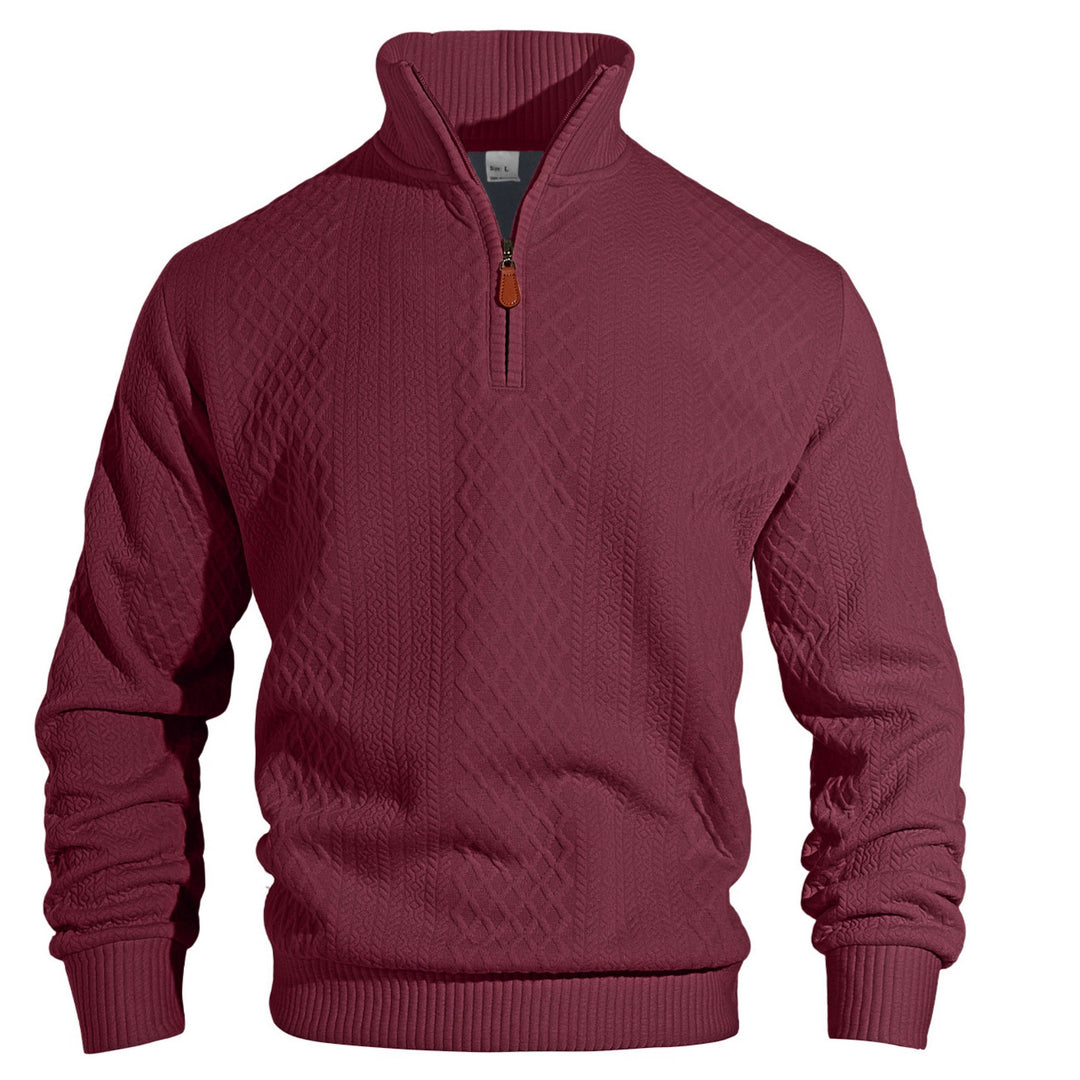 Herren nan feinstrukturierter Halbzip-Pullover im Jacquard-Relief mit hohem Stehkragen und Leder-Zipper EB