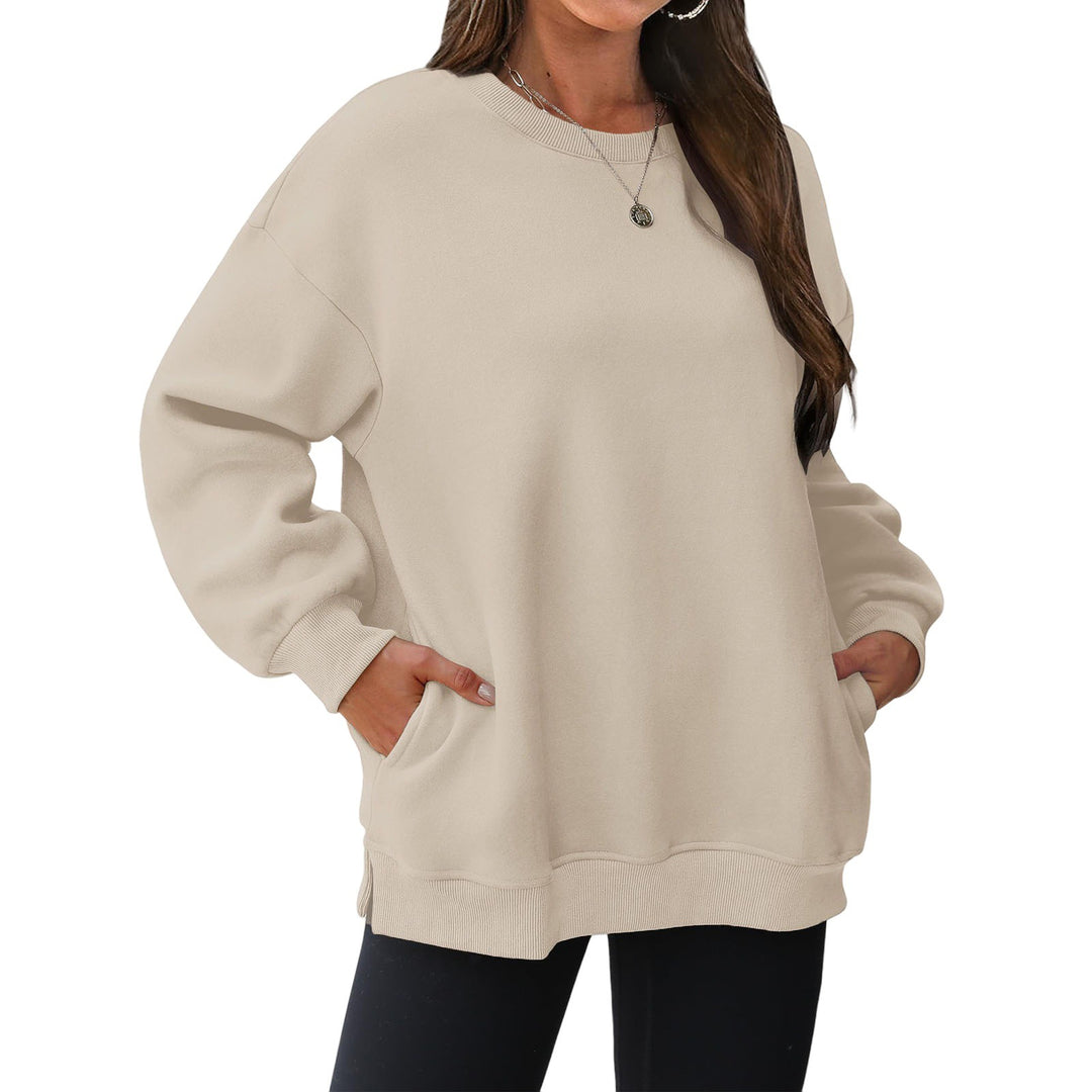 Damen nan verlängertes Oversize Rundhalspullover mit seitlichen Eingrifftaschen, Rippbündchen und überschnittener Schulter EB