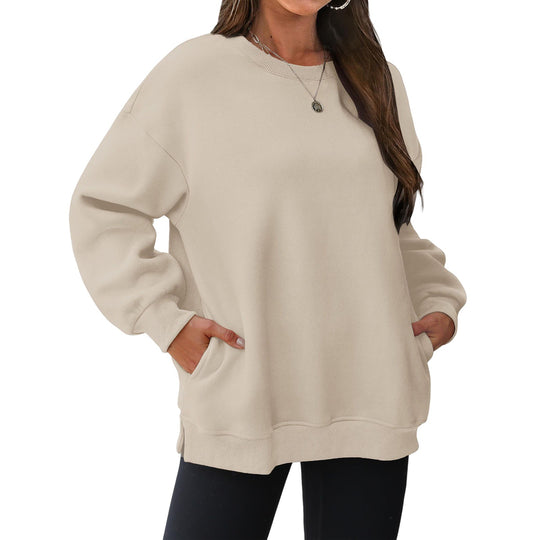 Damen nan verlängertes Oversize Rundhalspullover mit seitlichen Eingrifftaschen, Rippbündchen und überschnittener Schulter EB