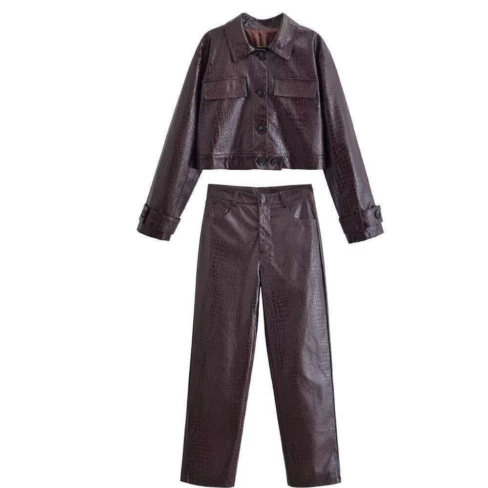 Damen nan gerade geschnittene Kunstlederhose mit Krokoprägung und hoher Taille EB