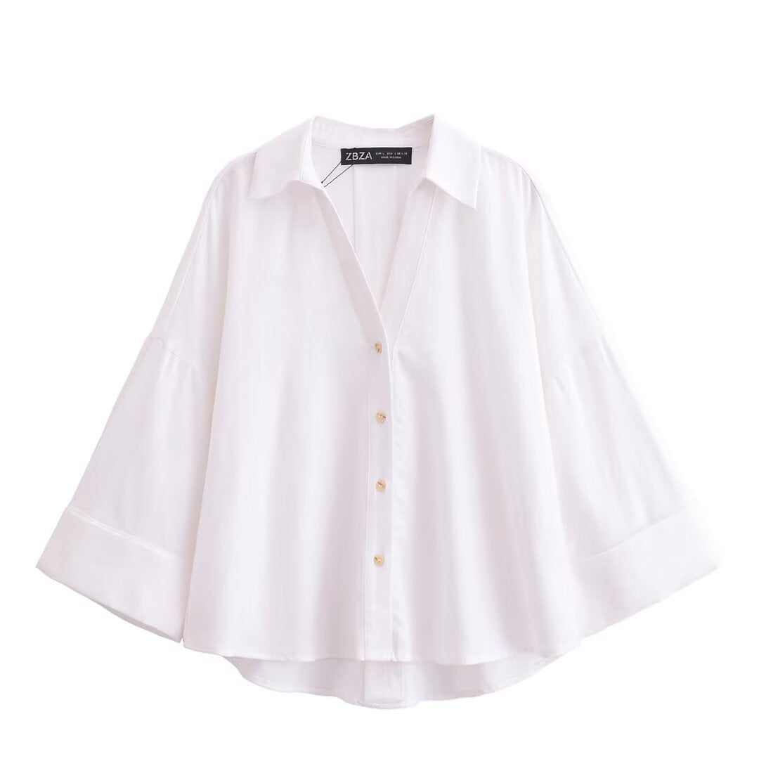Damen nan lockere oversized Hemdbluse mit weitem Kragen und Dreiviertelärmeln EB