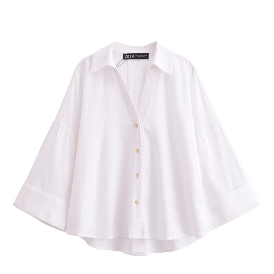 Damen nan lockere oversized Hemdbluse mit weitem Kragen und Dreiviertelärmeln EB