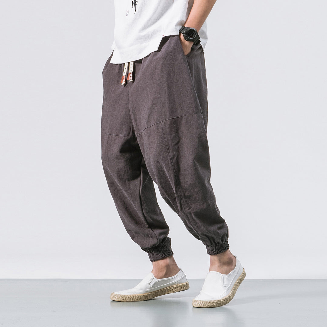 Herren nan relaxed Fit Leinen-Jogger mit Tunnelzug, eingesetzten Knieteilen und elastischen Bündchen EB