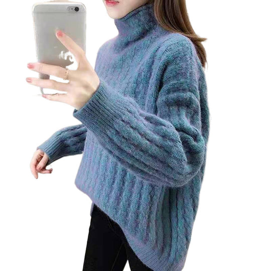 Damen Strickpullover im modernen Rippdesign mit hohem Kragen und lässigen Ärmeln EB