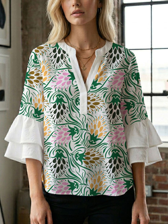 Damen Blusenshirt mit voluminösen Ärmeln und kreativem Druckdesign EB
