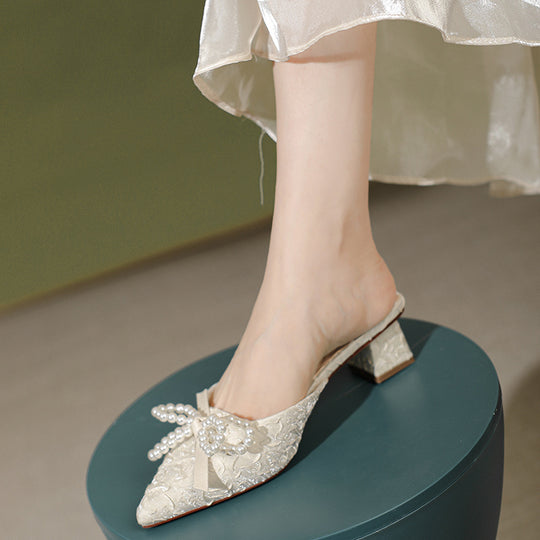 Damen elegante Mules mit perlenverziertem Schleifendetail EB