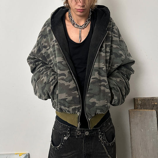 Damen Oversized Camouflage-Jacke mit Kapuze und Reißverschluss EB