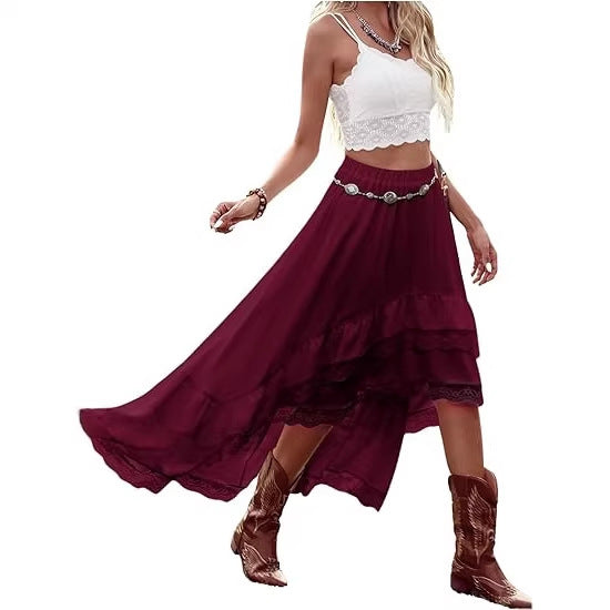 Damen Boho Maxi-Rock mit asymmetrischem Saum und Spitzenverzierungen EB