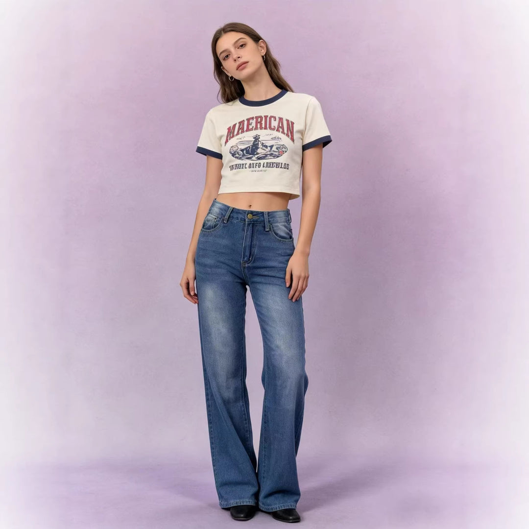 Damen nan hochgeschnittene Jeans mit schmaler Hüftpassform und weitem Schlag im Retro-Stil EB