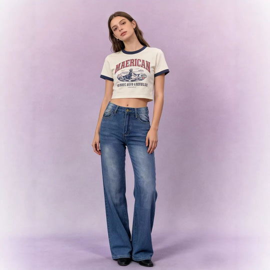 Damen nan hochgeschnittene Jeans mit schmaler Hüftpassform und weitem Schlag im Retro-Stil EB