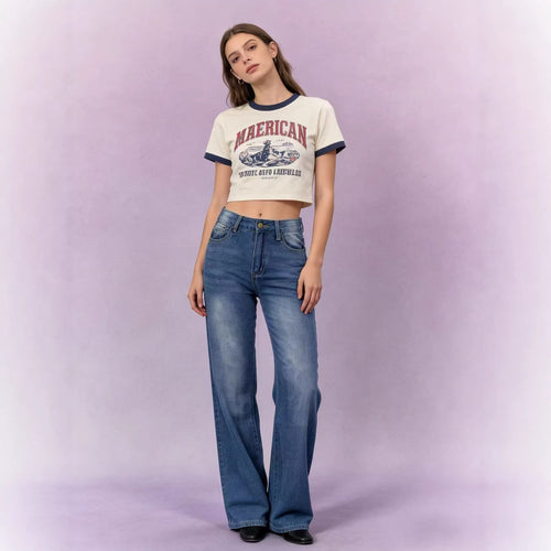 Damen nan hochgeschnittene Jeans mit schmaler Hüftpassform und weitem Schlag im Retro-Stil EB