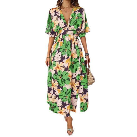Damen Voluminöses Maxikleid mit floralem Design und tiefem V-Ausschnitt EB