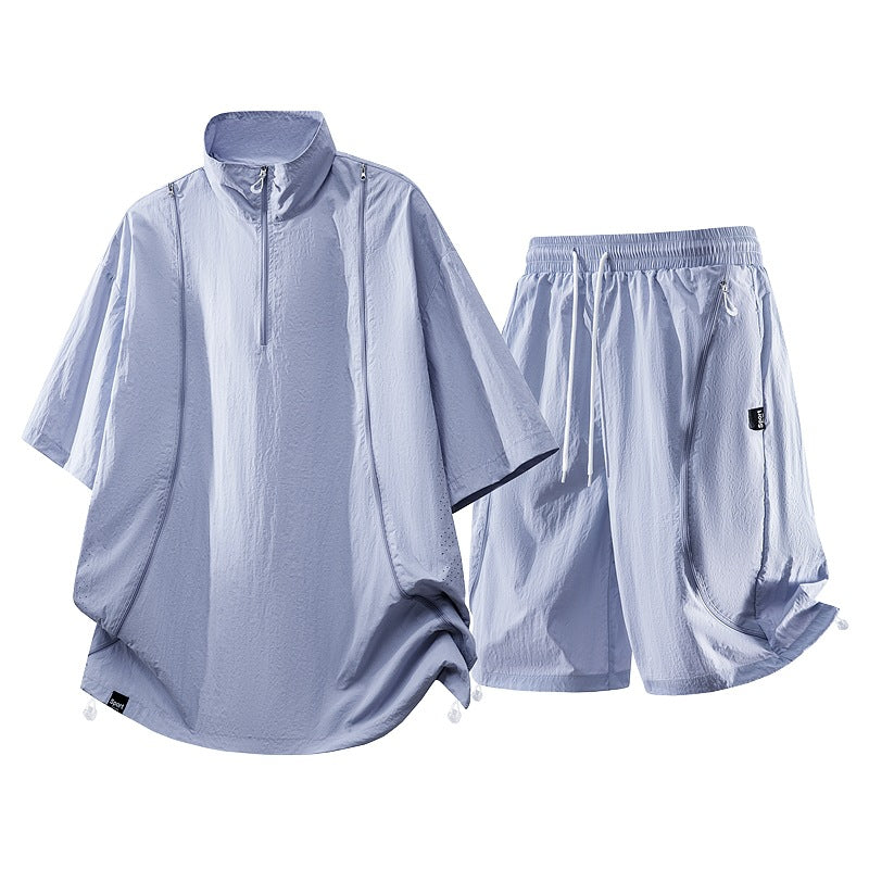 Herren nan oversized sportliches Freizeit-Set mit Halbzip, Stehkragen und elastischen Cargo-Shorts EB