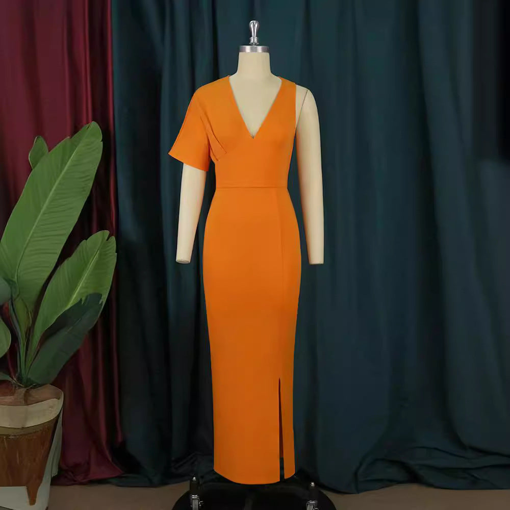 Damen Figurbetontes Maxikleid mit V-Ausschnitt und Seitenschlitz EB