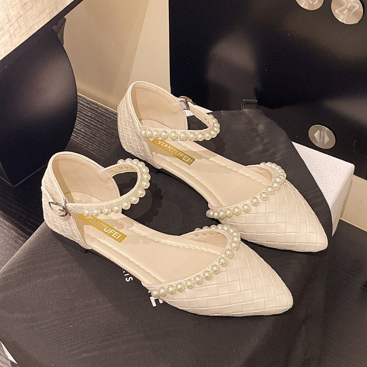 Damen elegante Ballerinas mit perlverziertem Riemen EB