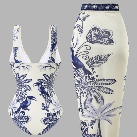 Damen Einteiliger Badeanzug mit floralem Design und elegantem Wickelrock EB