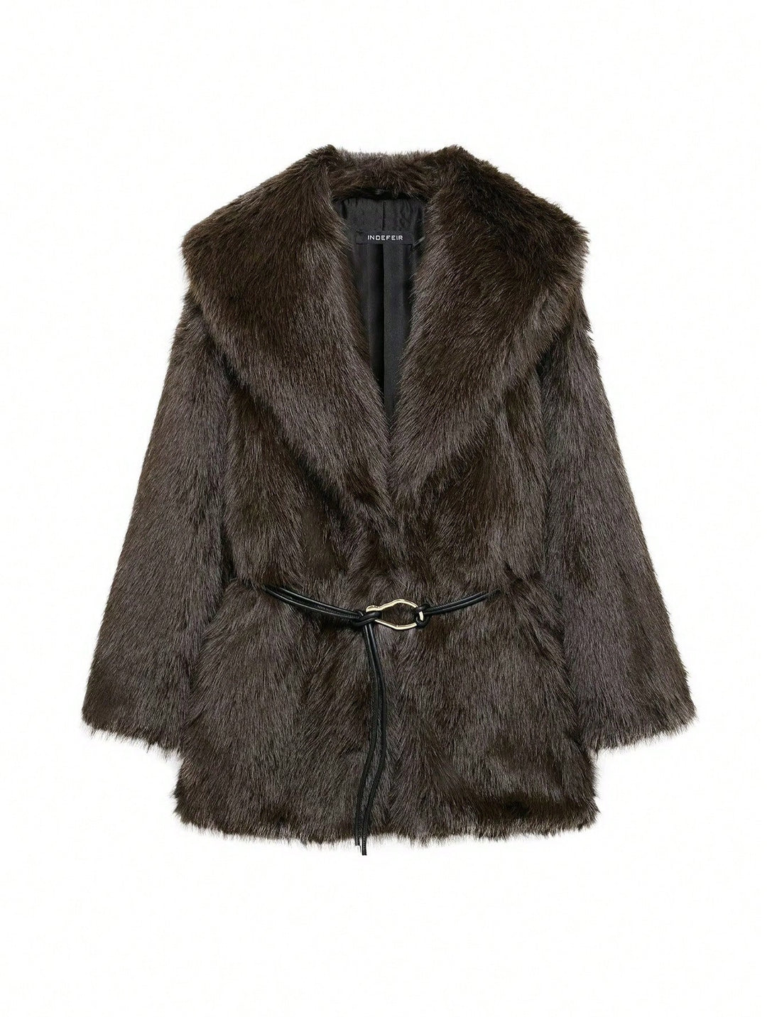 Damen glamouröser Kunstfellmantel mit breitem Revers und Taillengürtel EB