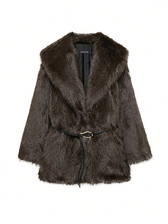 Damen glamouröser Kunstfellmantel mit breitem Revers und Taillengürtel EB