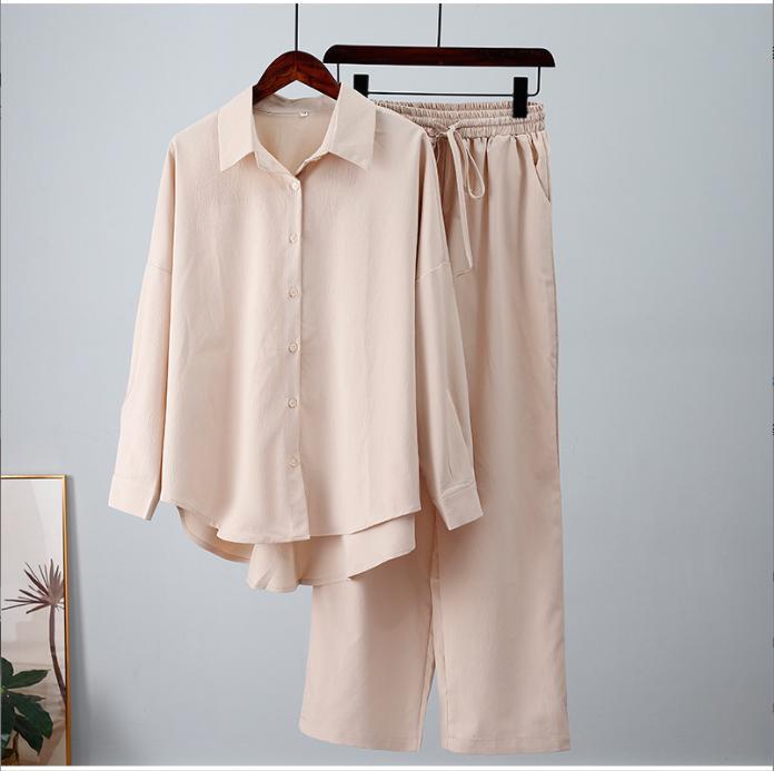 Damen nan lockeres zweiteiliges Lounge-Set mit Oversize-Hemd und elastischer Bundhose EB