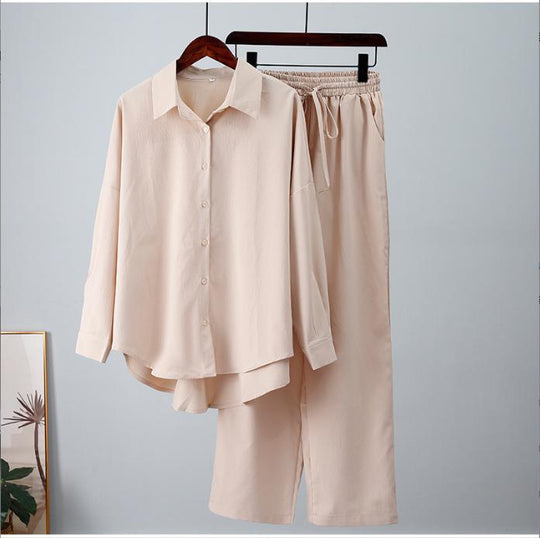 Damen nan lockeres zweiteiliges Lounge-Set mit Oversize-Hemd und elastischer Bundhose EB
