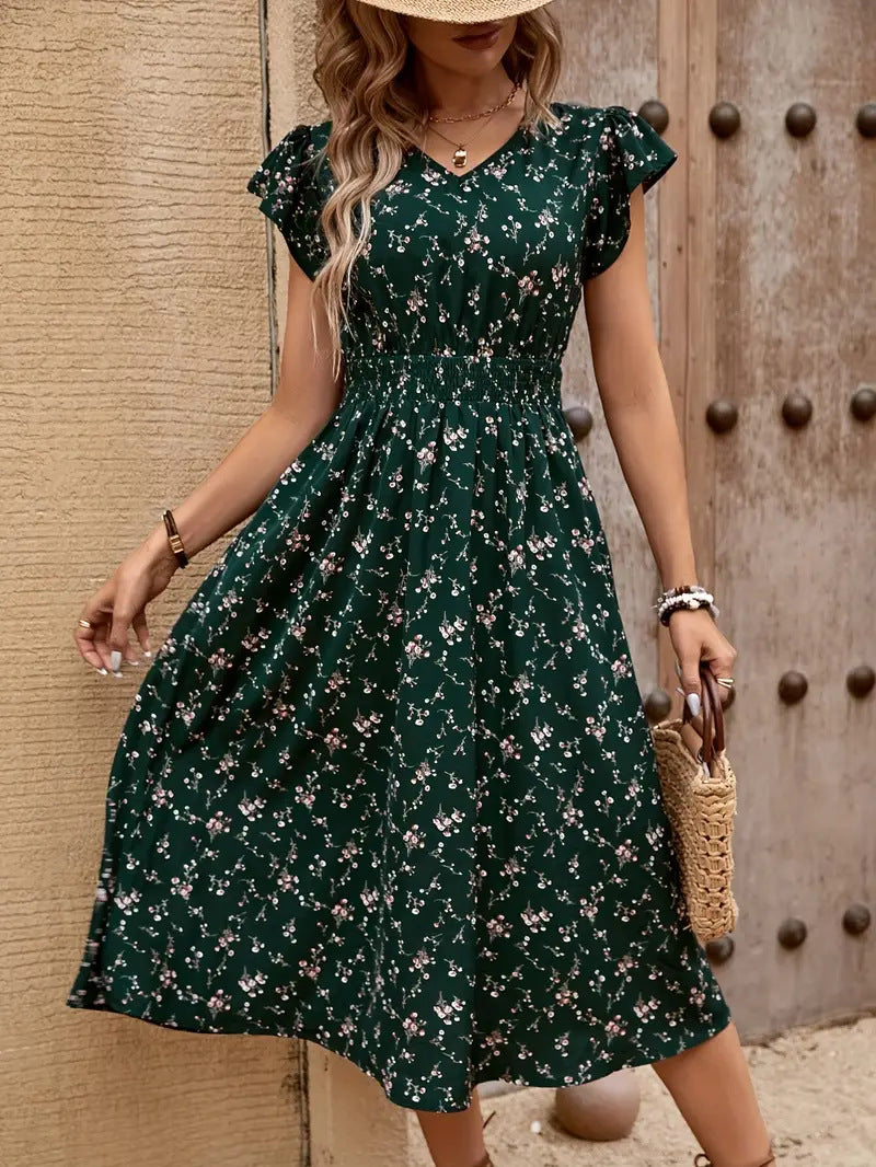 Damen Midikleid mit elastischem Tailleneinsatz und Rüschenärmeln EB