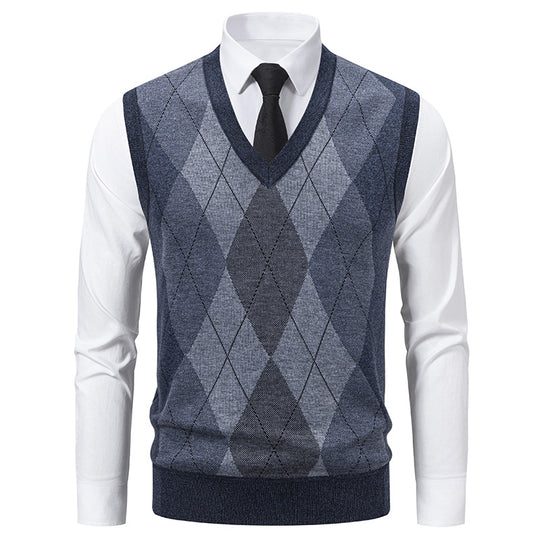 Herren V-Ausschnitt Strickpullover mit elegantem Rautenmuster EB