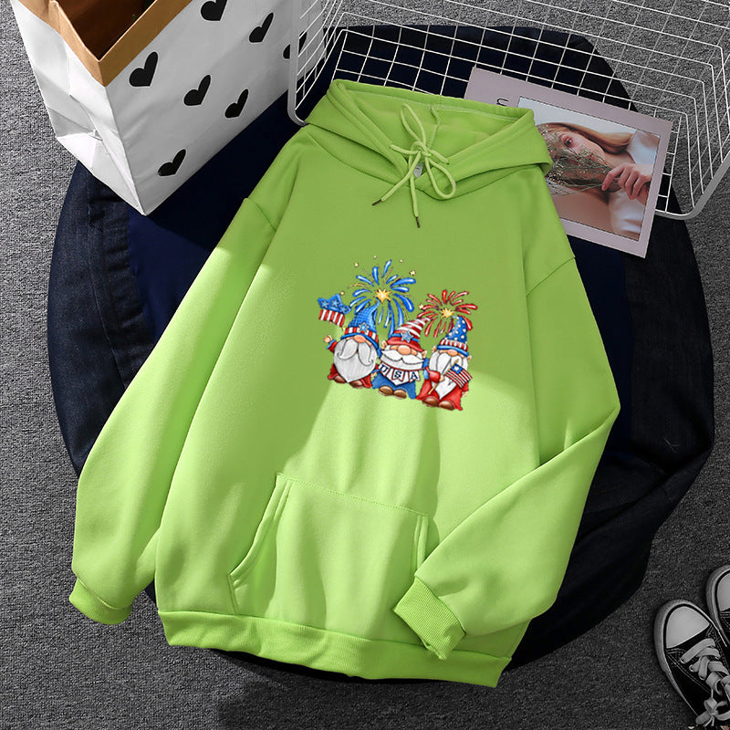 Damen nan Kapuzenpullover mit patriotischem Gartenzwerg-Print, angerautem Fleece-Innenfutter, Oversize-Schnitt und Kängurutasche EB