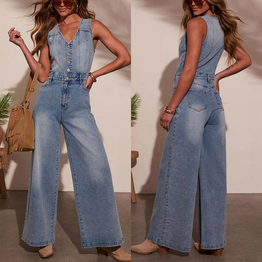 Damen Weitgeschnittene Denim-Latzhose mit Knopfdetails und regulierbarem Bund EB