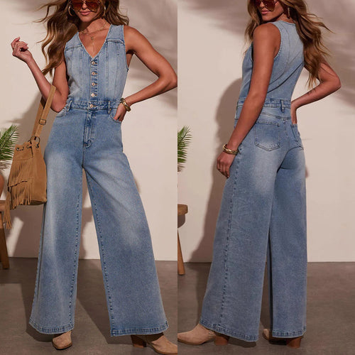 Damen Weitgeschnittene Denim-Latzhose mit Knopfdetails und regulierbarem Bund EB