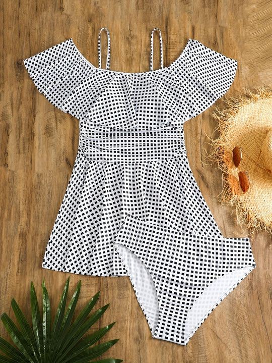 Damen Badeanzug-Set mit Rüschendetails und elegantem Karomuster EB