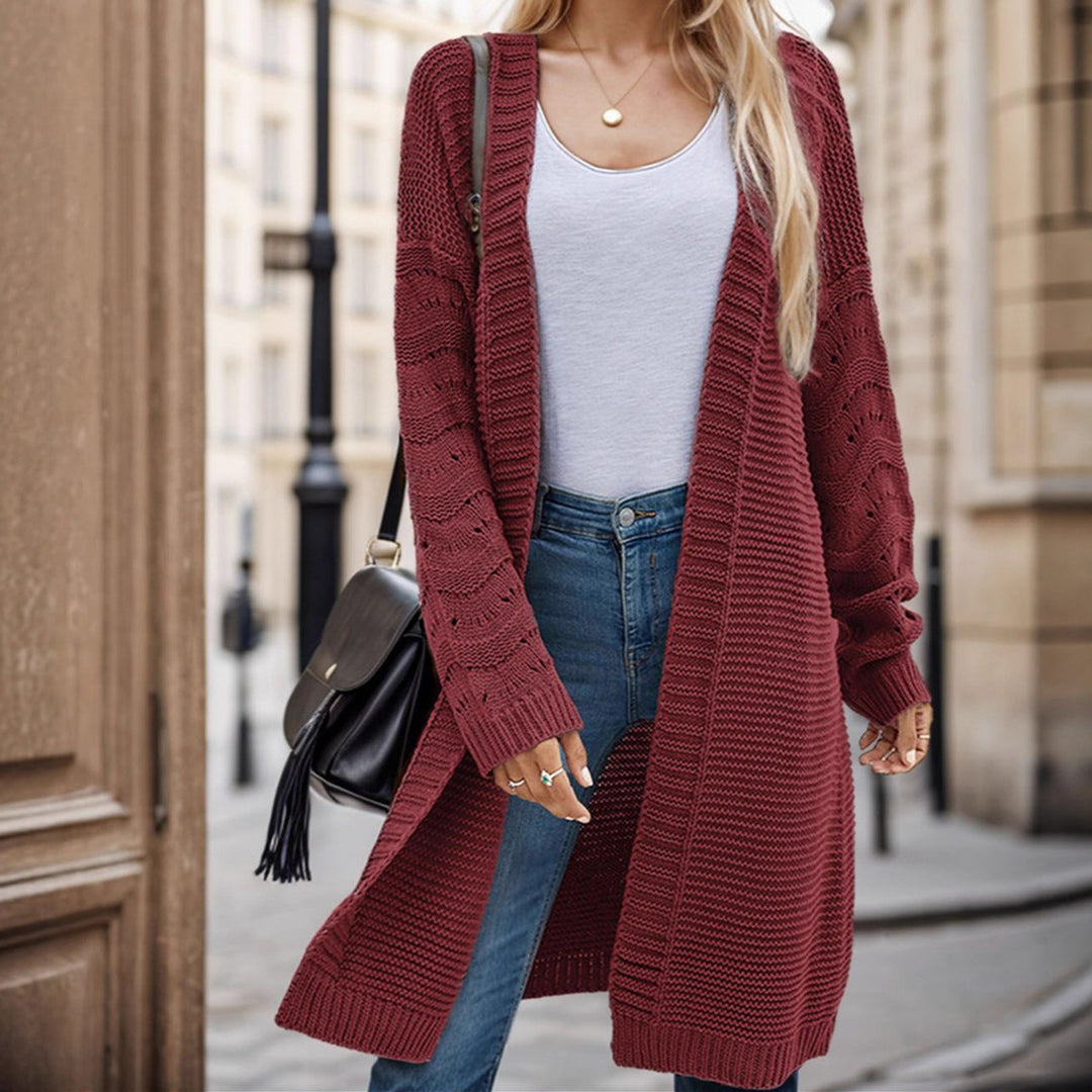 Damen Langer Strickcardigan mit luftiger Maschenstruktur und offener Front EB