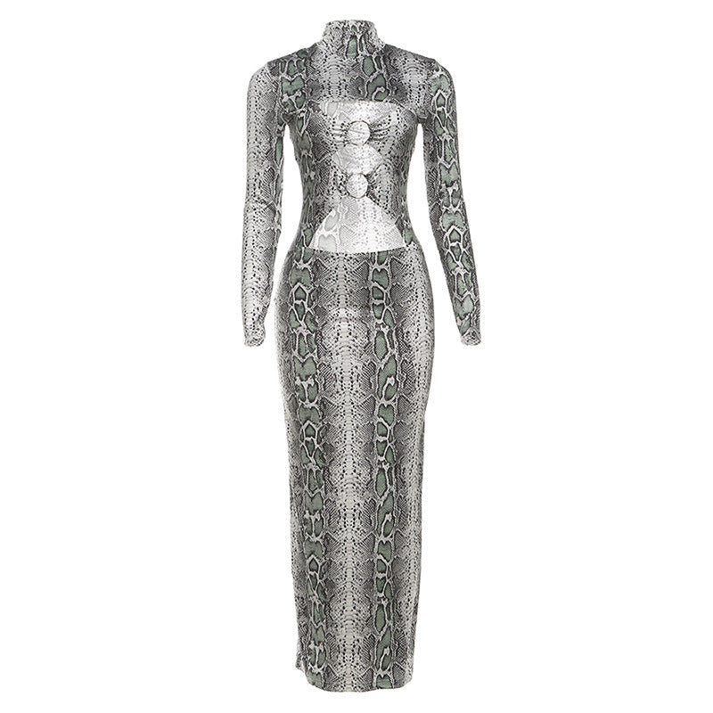 Damen Maxikleid mit elegantem Schlangenhautmuster und hoch geschlossenem Kragen EB