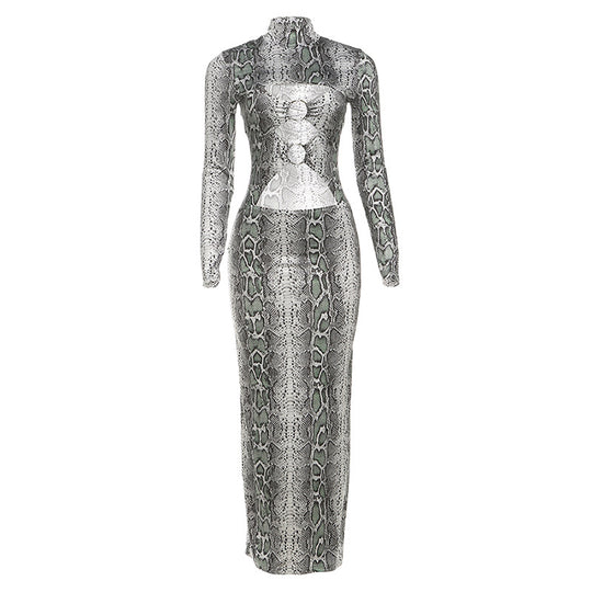 Damen Maxikleid mit elegantem Schlangenhautmuster und hoch geschlossenem Kragen EB