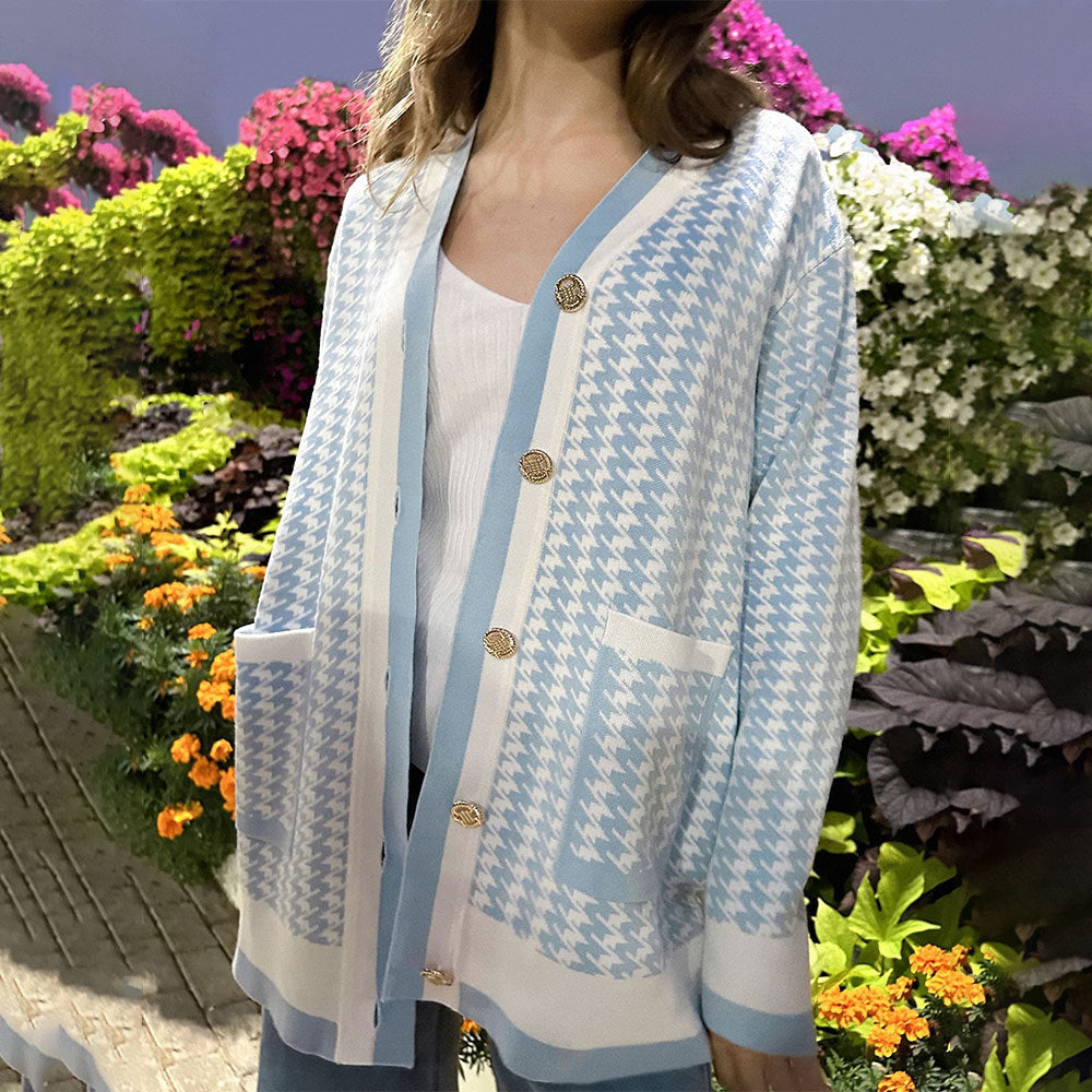 Damen Strickcardigan mit klassischem Hahnentritt-Muster und Knopfleiste EB