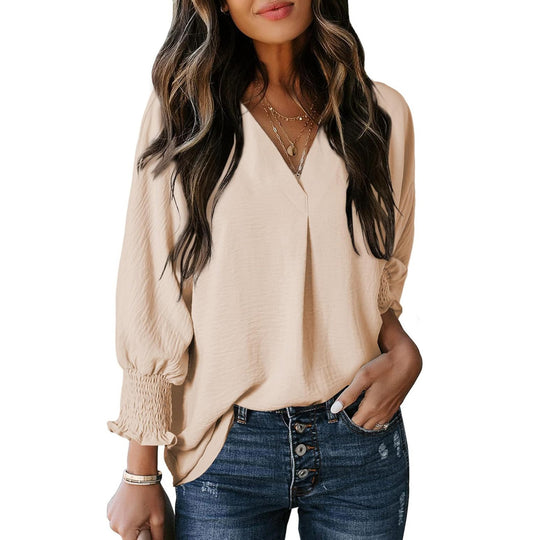 Damen V-Ausschnitt Bluse mit lässigen Ballonärmeln und Rüschendetails EB