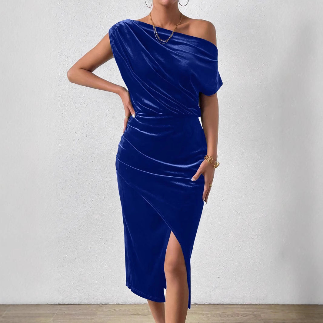 Damen Elegantes Schulterfreies Midikleid im Fließenden Design EB