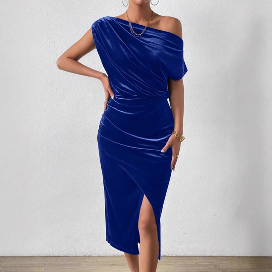 Damen Elegantes Schulterfreies Midikleid im Fließenden Design EB