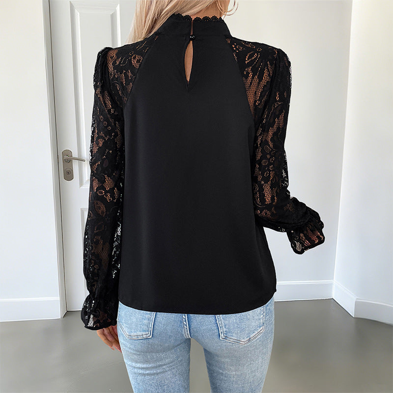 Damen Elegant-romantische Bluse mit gehäkelten Spitzenärmeln, Stehkragen und vertikalen Ziernähten EB