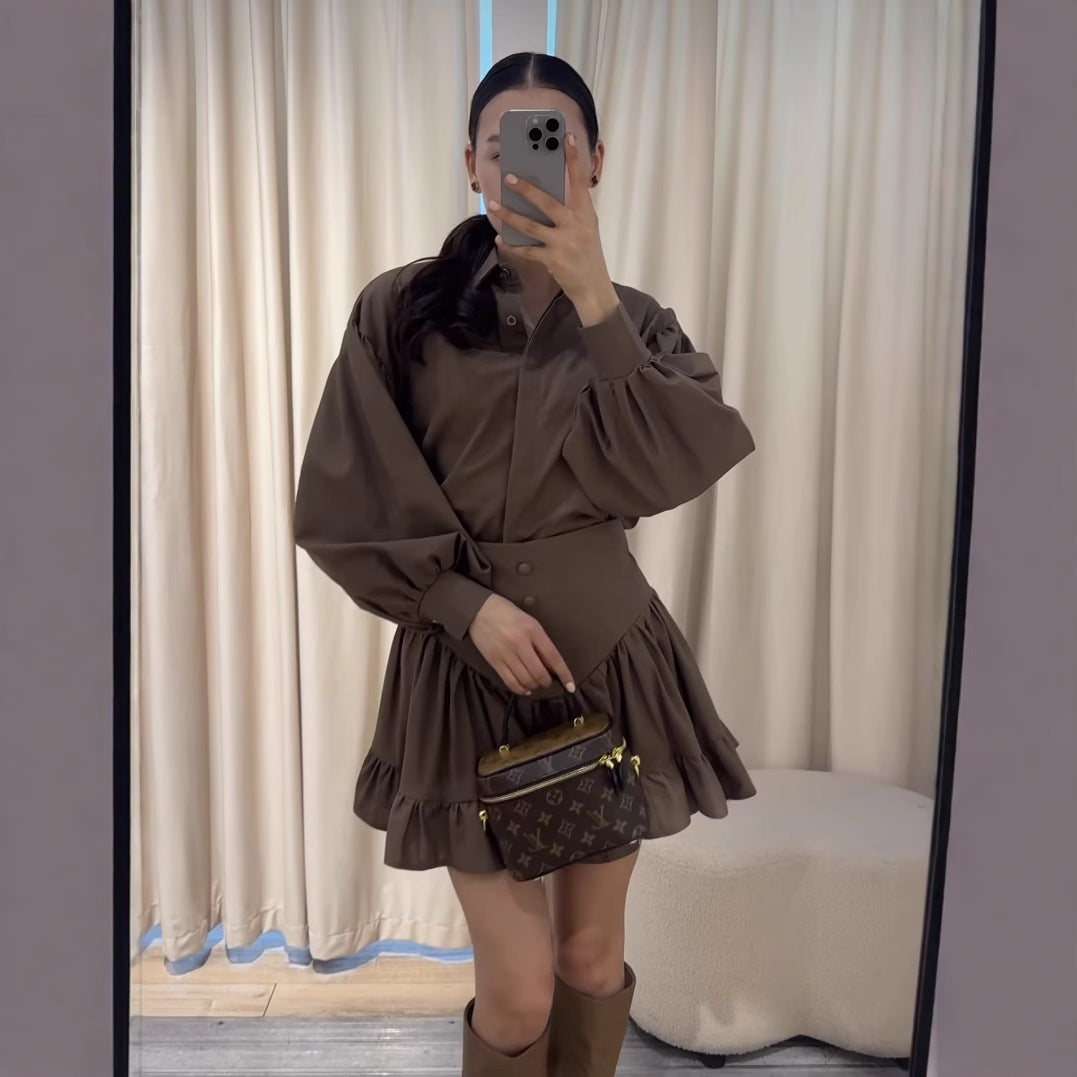 Damen Set aus eleganter Bluse mit Puffärmeln und schwingendem Rock EB