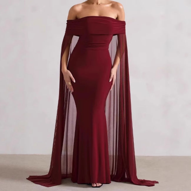 Damen Elegantes Off-Shoulder Abendkleid mit fließendem Transparenz-Cape und figurumspielendem Schnitt EB