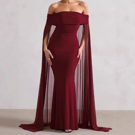 Damen Elegantes Off-Shoulder Abendkleid mit fließendem Transparenz-Cape und figurumspielendem Schnitt EB