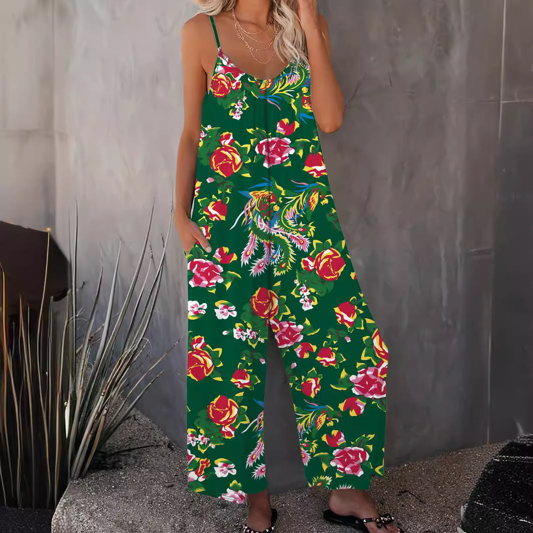 Damen Luftiger Jumpsuit mit floralem Design und verstellbaren Trägern EB