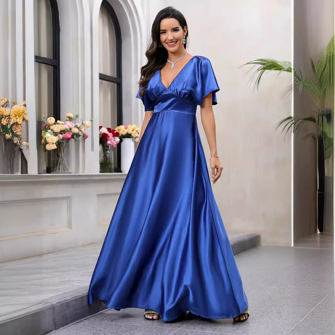 Damen Maxikleid mit fließendem Satin und luftigen Ärmeln EB
