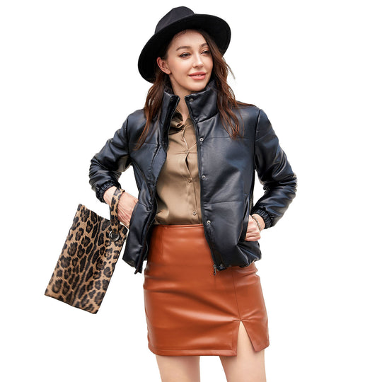 Damenkuschelige Kunstlederjacke mit raffiniertem Steppdesign EB