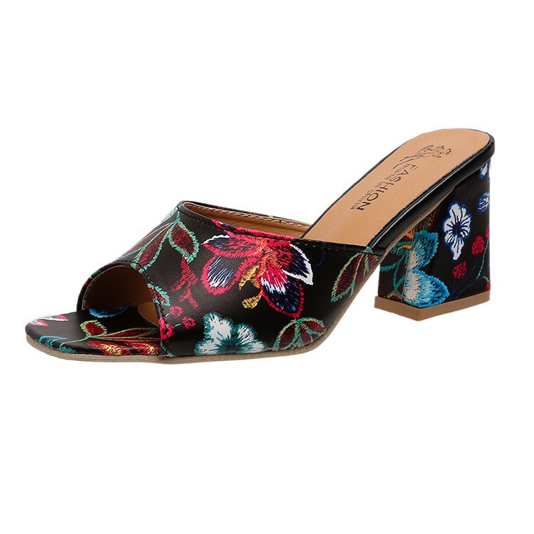 Damen Slip-On Mules mit floralem Allover-Print, mittelhohem Blockabsatz und gepolstertem Komfortfußbett EB