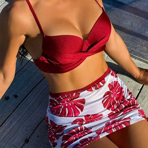Damen Bikini-Set mit elegantem Knotendesign und floralem Rock EB