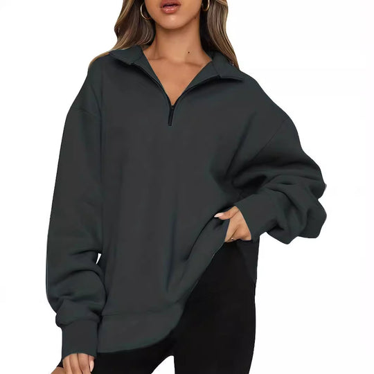 Damen nan Oversized Sweatshirt mit Kurzreißverschluss, Stehkragen und Kängurutasche EB