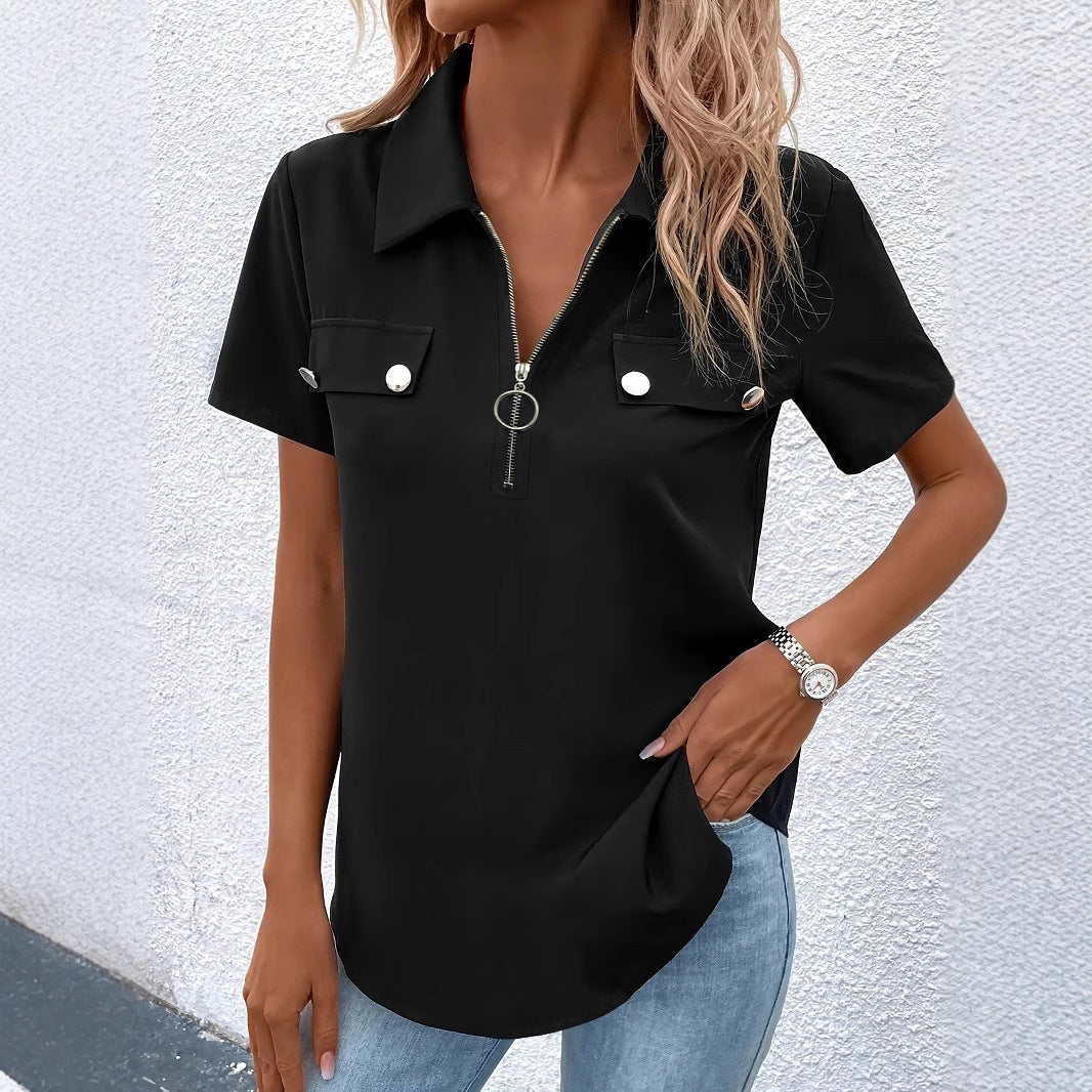 Damen Kurzarm-Bluse mit modischem Reißverschluss und dekorativen Taschen EB