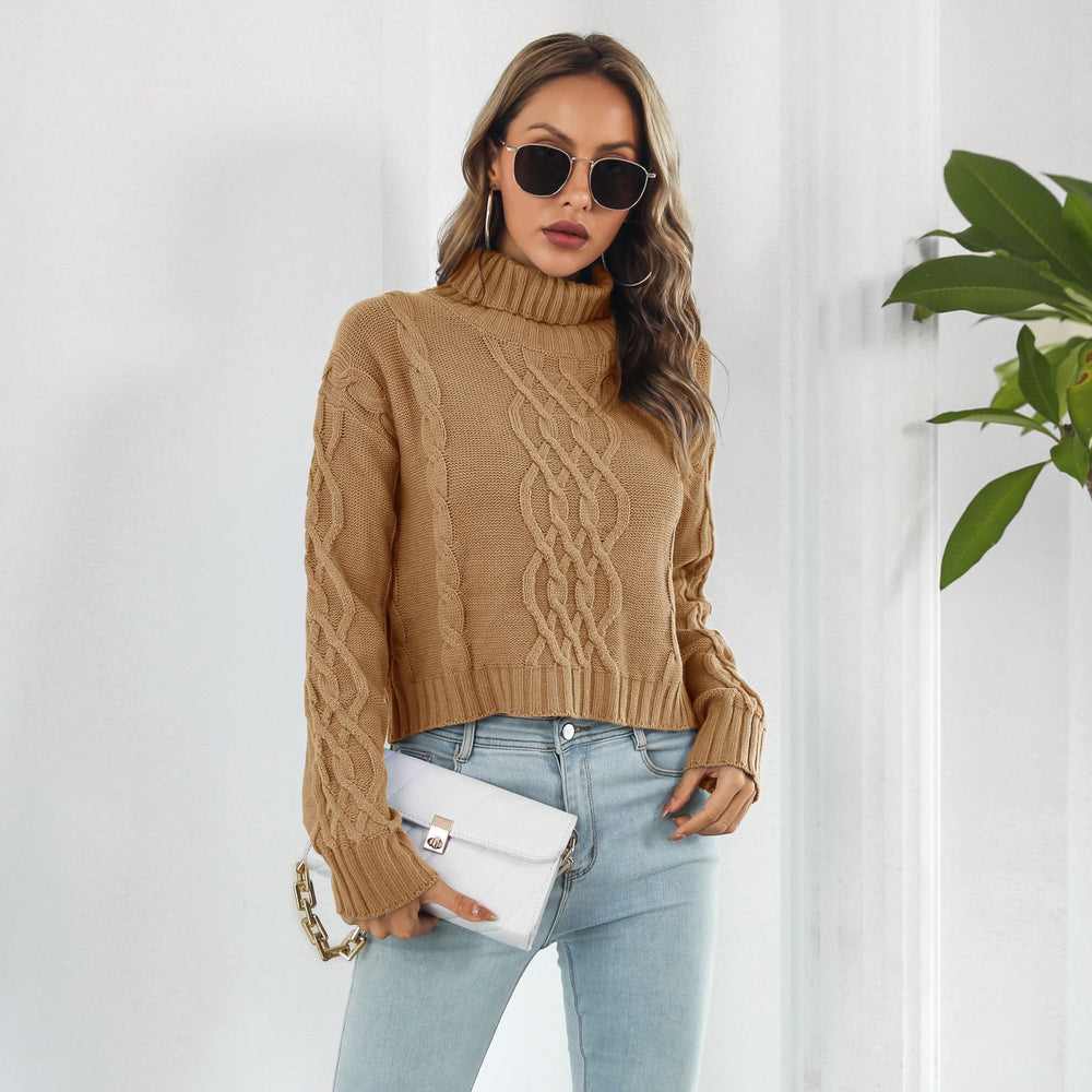 Damen Grobstrickpullover mit hohem Rollkragen und romantischem Zopfmuster EB