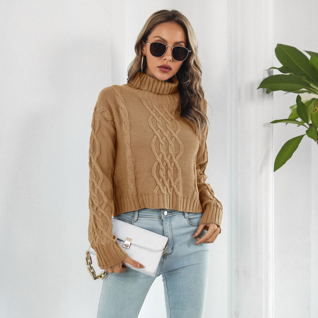 Damen Grobstrickpullover mit hohem Rollkragen und romantischem Zopfmuster EB